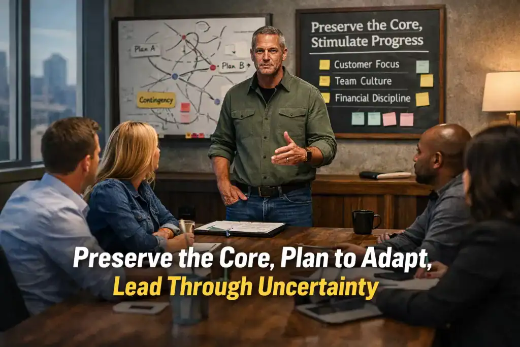 How to Lead Through Uncertainty: Preserve the Core, Plan to Adapt, and Keep Your Team Calm 1 Business owner demonstrates calm leadership in a team meeting to lead through uncertainty.